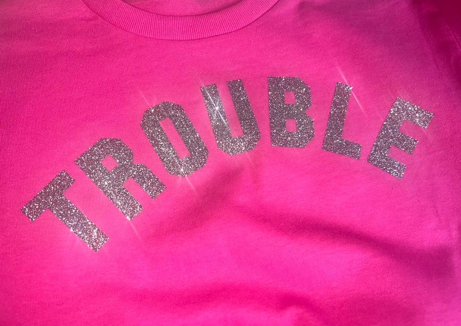 Image of New Trouble Tee Fuschia 🩷🩶silver multi glitter 🩷🩶💜