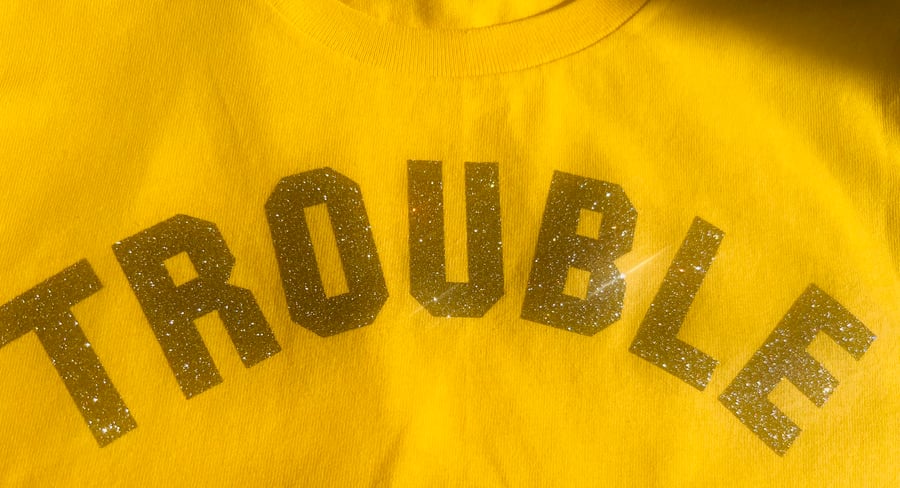 Image of 💛New Yellow Trouble tee 💛with silver multi glitter💛🩶🕸️