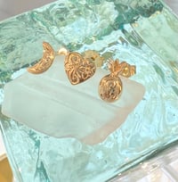 Image 2 of 14k solid gold Hawaiian design studs earrings (half moon, heart,pineapple)