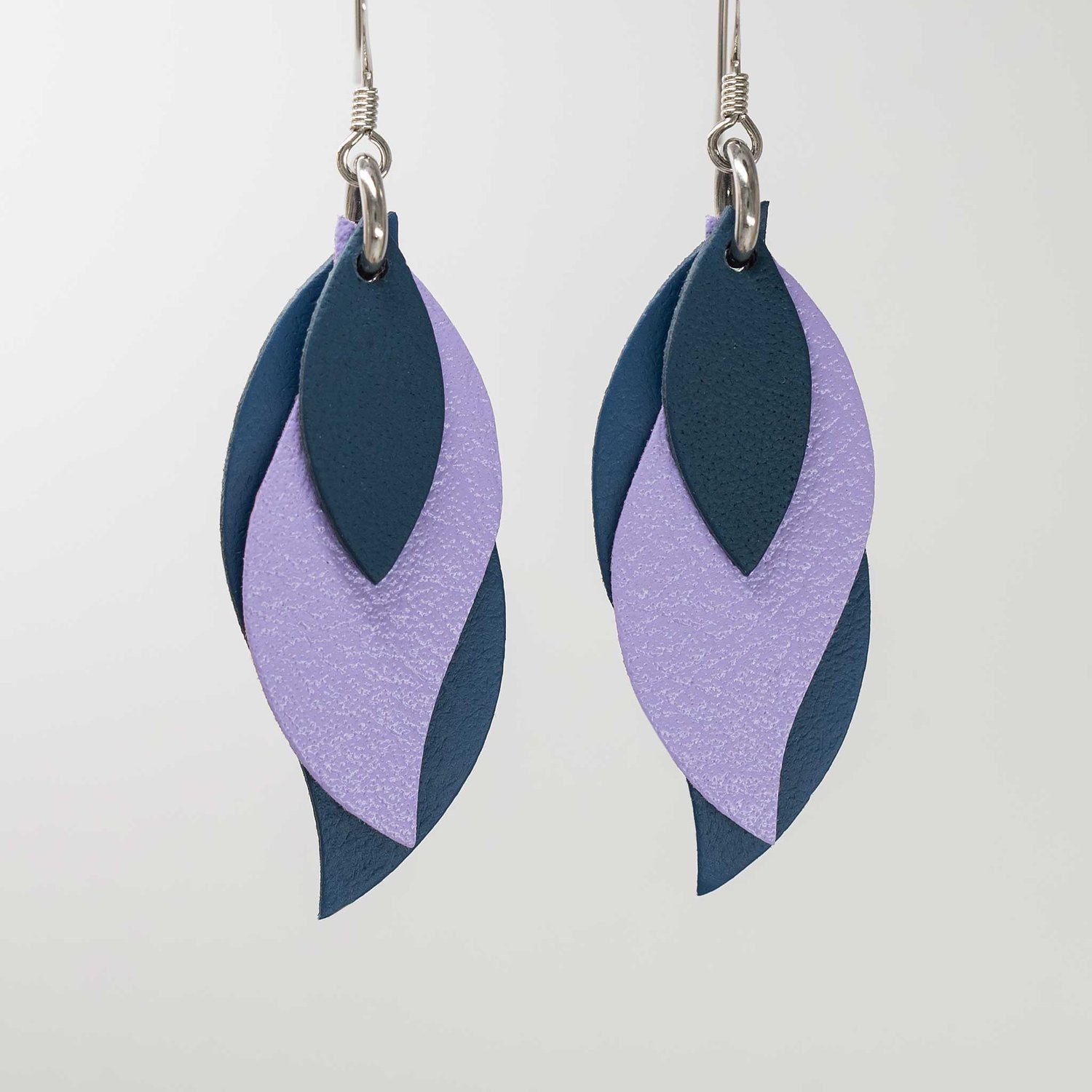 Image of Handmade Australian leather leaf earrings - Blues and lilac [LBP-056]