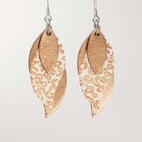 Image 1 of Handmade Australian leather leaf earrings - Copper, bronze leopard on white, copper [LLW-508]