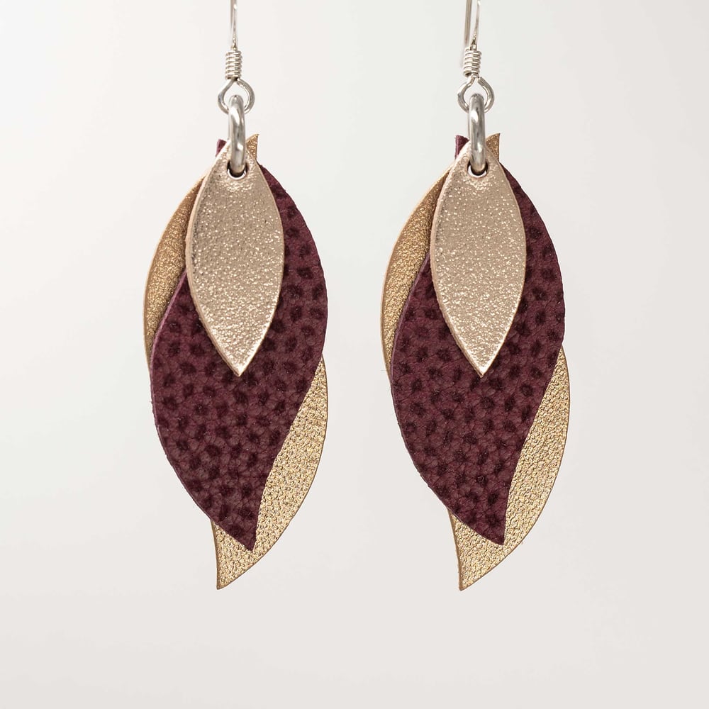 Image of Handmade Australian leather leaf earrings - Rose gold, maroon, matte rose gold [LGM-080]