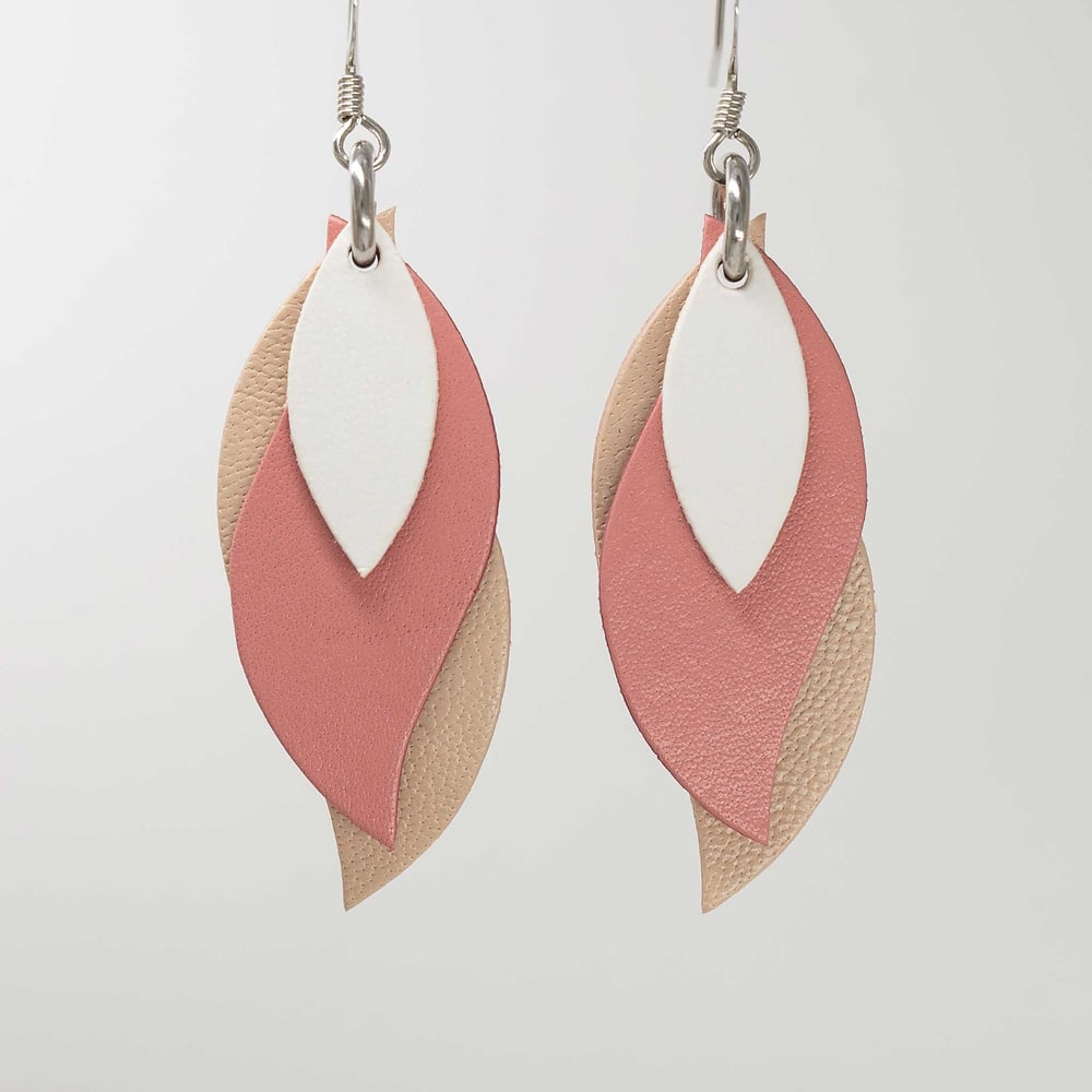 Image of Handmade Australian leather leaf earrings - White, pink, beige [LPK-120]
