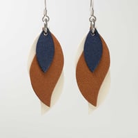 Image 1 of Handmade Australian leather leaf earrings - Navy, ochre brown, cream [LBN-105]