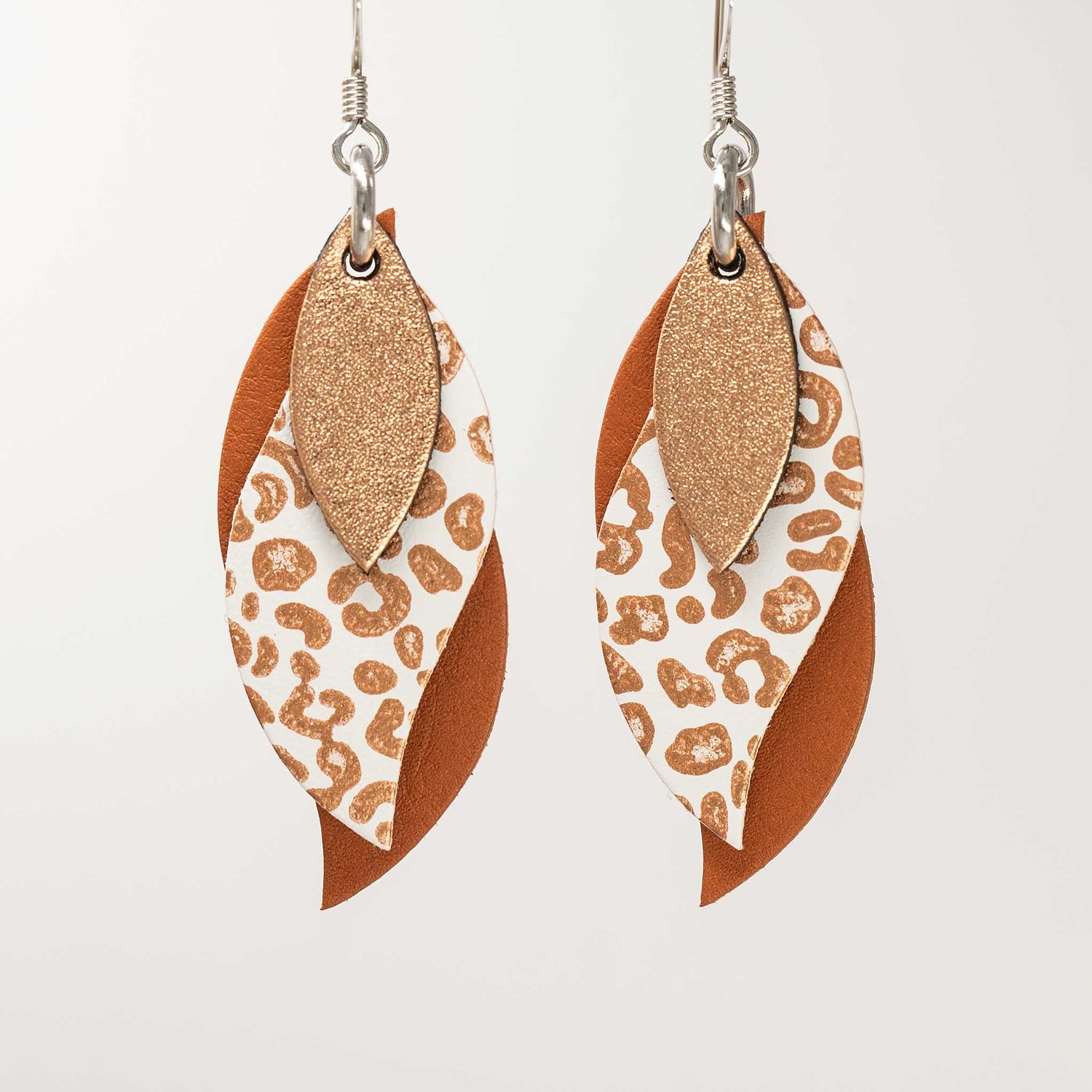 Image of Handmade Australian leather leaf earrings - Copper, bronze leopard on white, saddle tan [LLW-502]