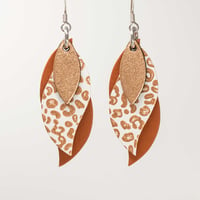 Image 1 of Handmade Australian leather leaf earrings - Copper, bronze leopard on white, saddle tan [LLW-502]
