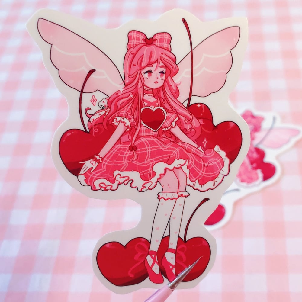 Image of Cherry Fairy Sticker A4 Print Mystical Magical Witch Pixie Cute Lovecore Cottagecore