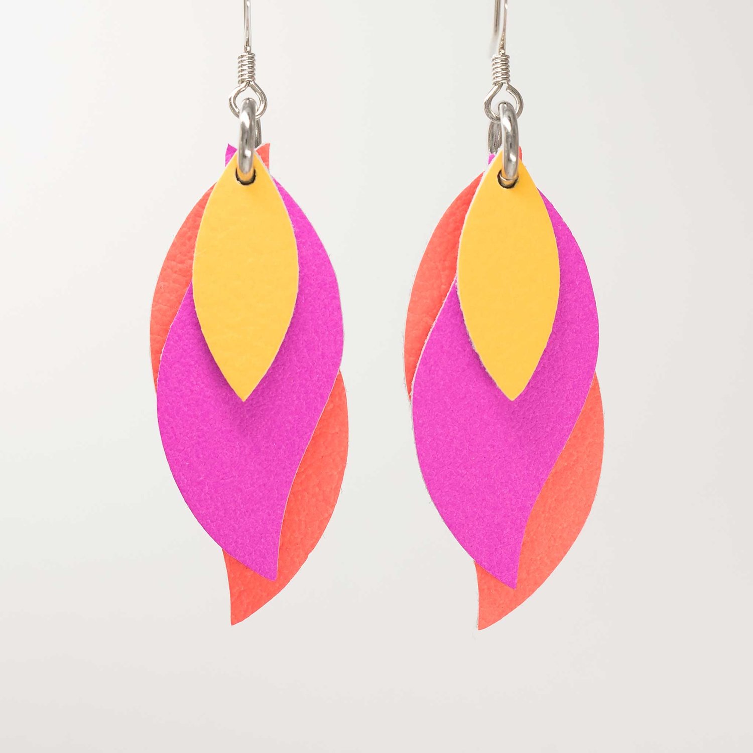 Image of Handmade Australian leather leaf earrings - Yellow, hot pink, orange [LYP-302]