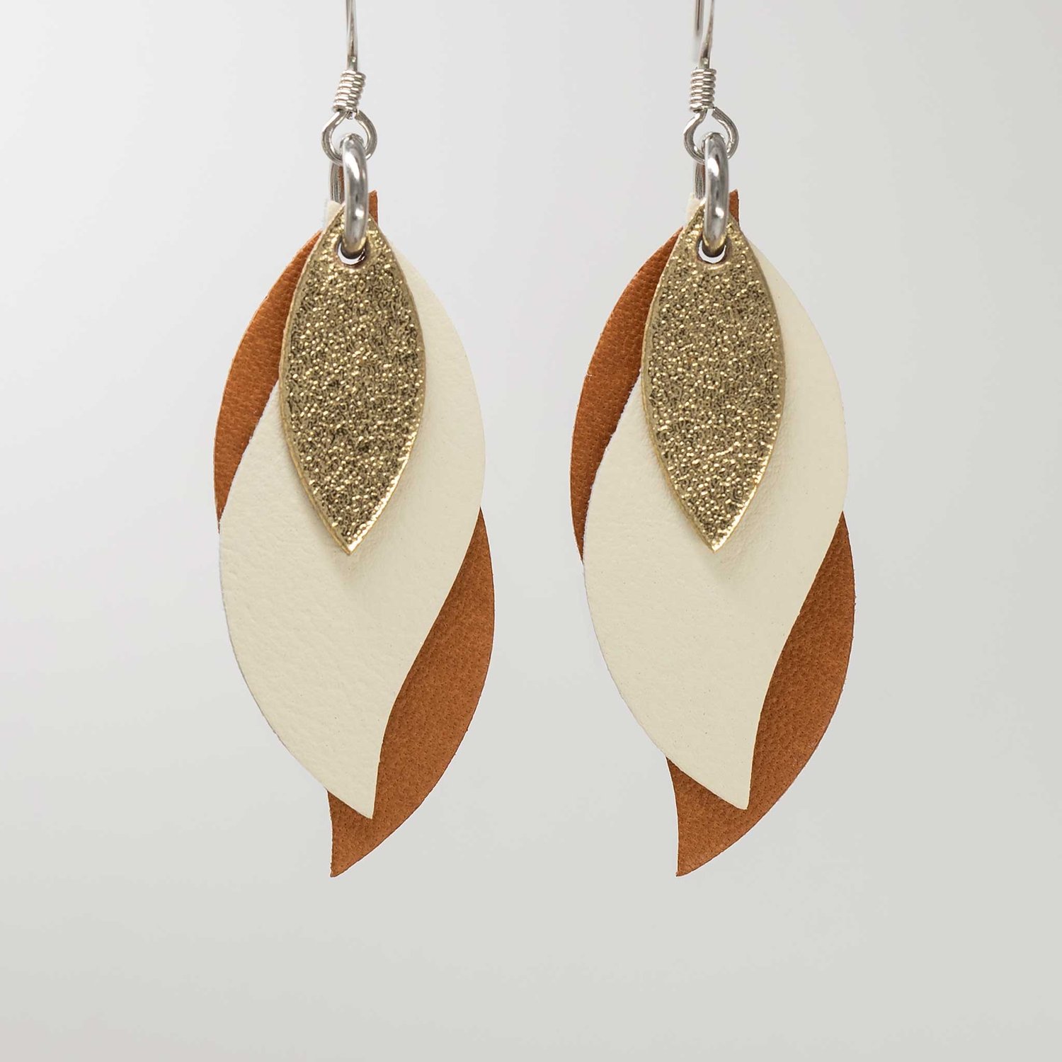 Image of Handmade Australian leather leaf earrings - Gold, cream, brown [LGC-208]