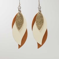 Image 1 of Handmade Australian leather leaf earrings - Gold, cream, brown [LGC-208]