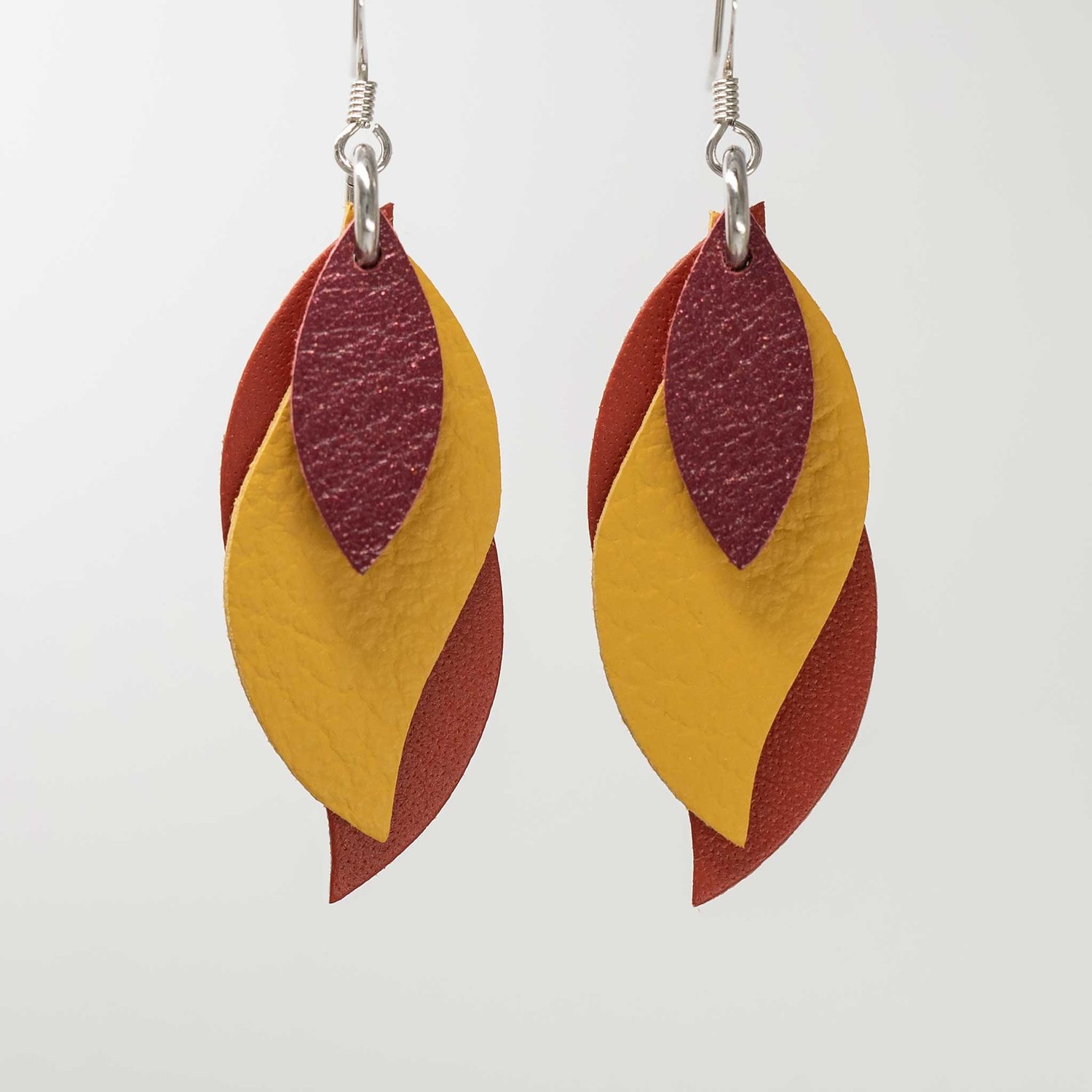 Image of Handmade Australian leather leaf earrings - maroon, mustard, saddletan [LMM-329]
