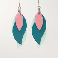 Image 1 of Handmade Australian leather leaf earrings - Pink, teal green, mint [LPG-059]