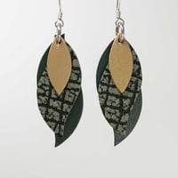 Image 1 of Handmade Australian leather leaf earrings - matte gold and dark green [LGG-245]