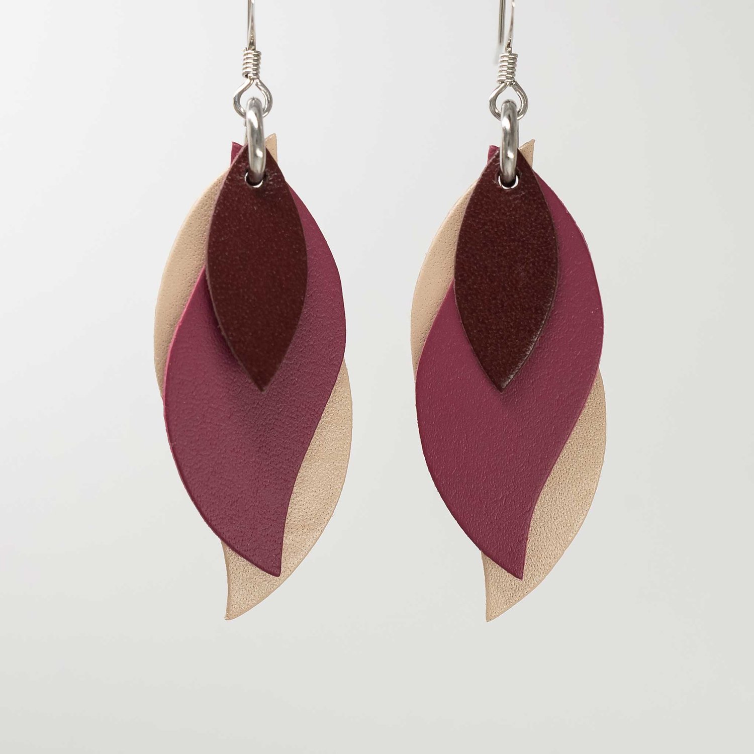 Image of Australian leather leaf earrings - Burgundy, plum pink, beige [LPP-421]