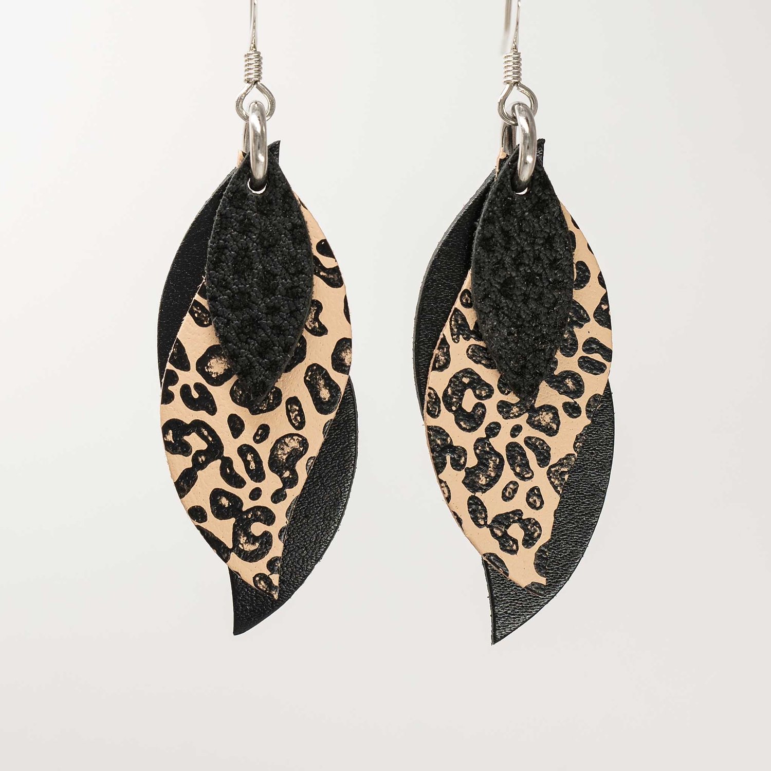 Image of Handmade Australian leather leaf earrings - Black, black leopard natural, smooth black [LLN-503]