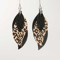 Image 1 of Handmade Australian leather leaf earrings - Black, black leopard natural, smooth black [LLN-503]
