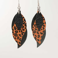 Image 1 of Handmade Australian leather leaf earrings - Black with black leopard on saddle tan [LLT-509]