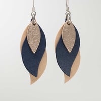 Image 1 of Handmade Australian leather leaf earrings - Rose gold, navy, natural [LMN-074]
