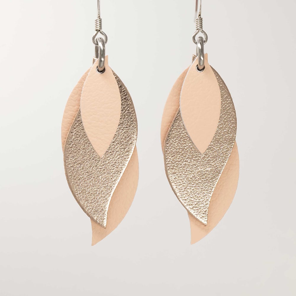 Image of Handmade Australian leather leaf earrings - Rose gold and pale peach [LGP-572]