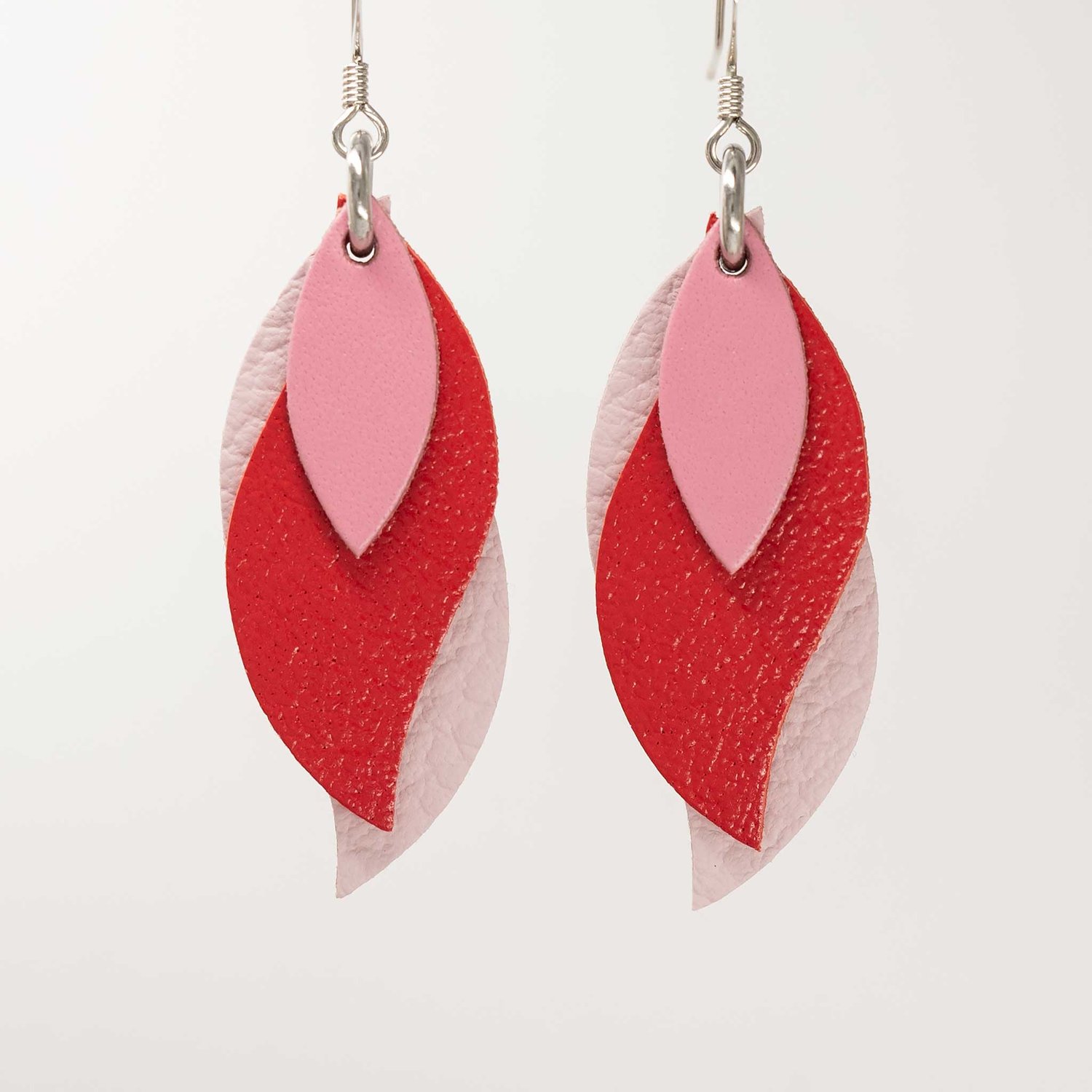 Image of Handmade Australian leather leaf earrings - Pink, glossy red, soft pink [LPR-153]