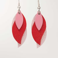 Image 1 of Handmade Australian leather leaf earrings - Pink, glossy red, soft pink [LPR-153]