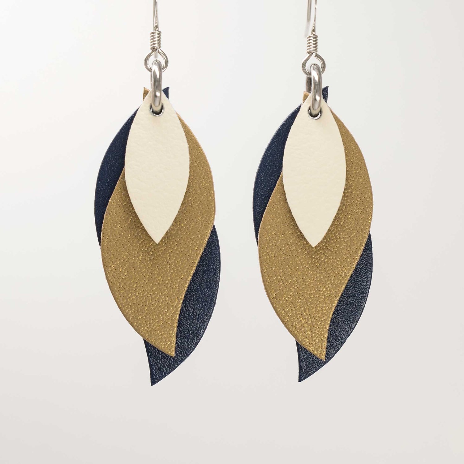 Image of Handmade Australian leather leaf earrings - Cream, gold, dark khaki green [LGG-025]
