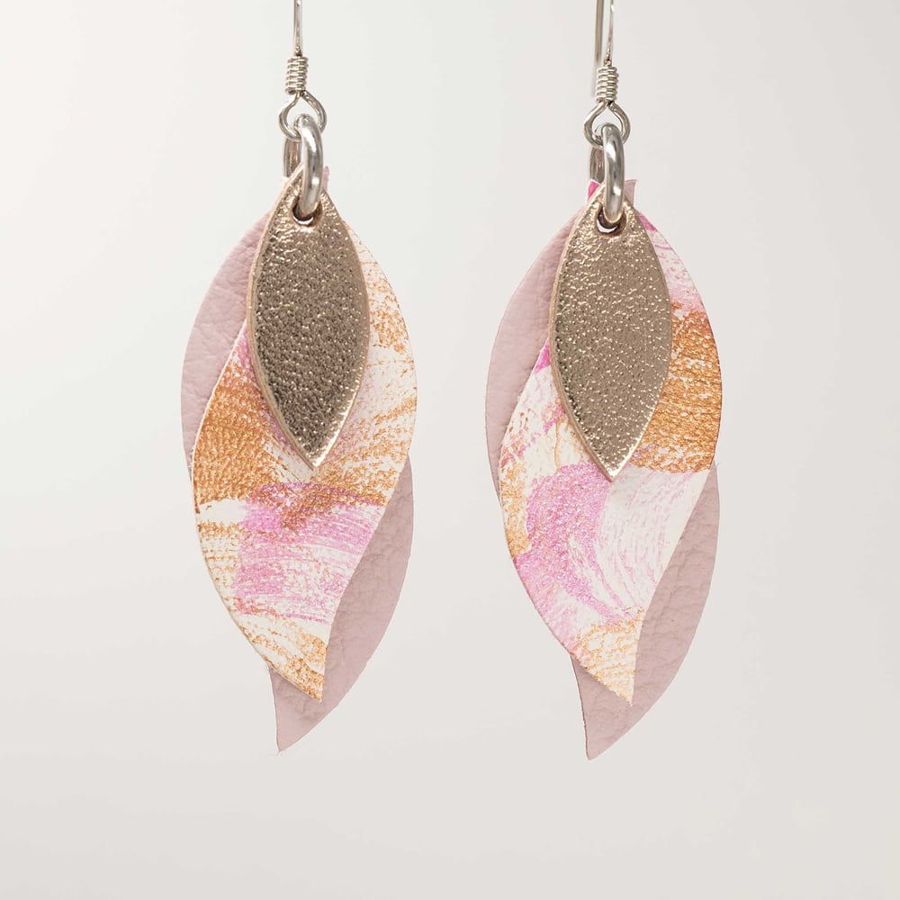 Image of Handmade Australian leather leaf earrings - Rose gold, painted pink and bronze, soft pink [LHP-096]