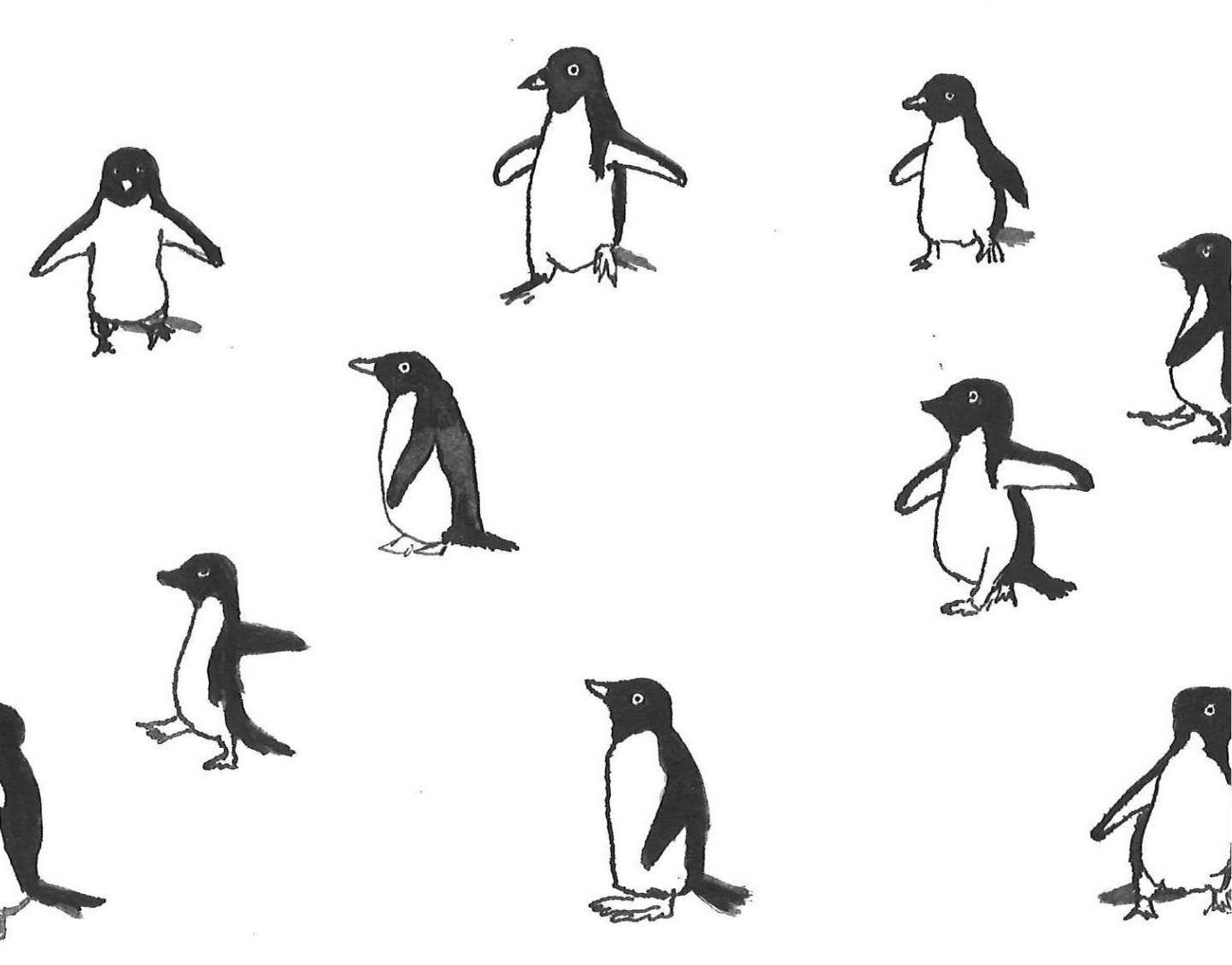 Adelie penguins in ink