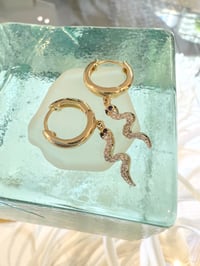 Image 2 of 14k solid gold diamond & blue sapphire dangling snake earrings 