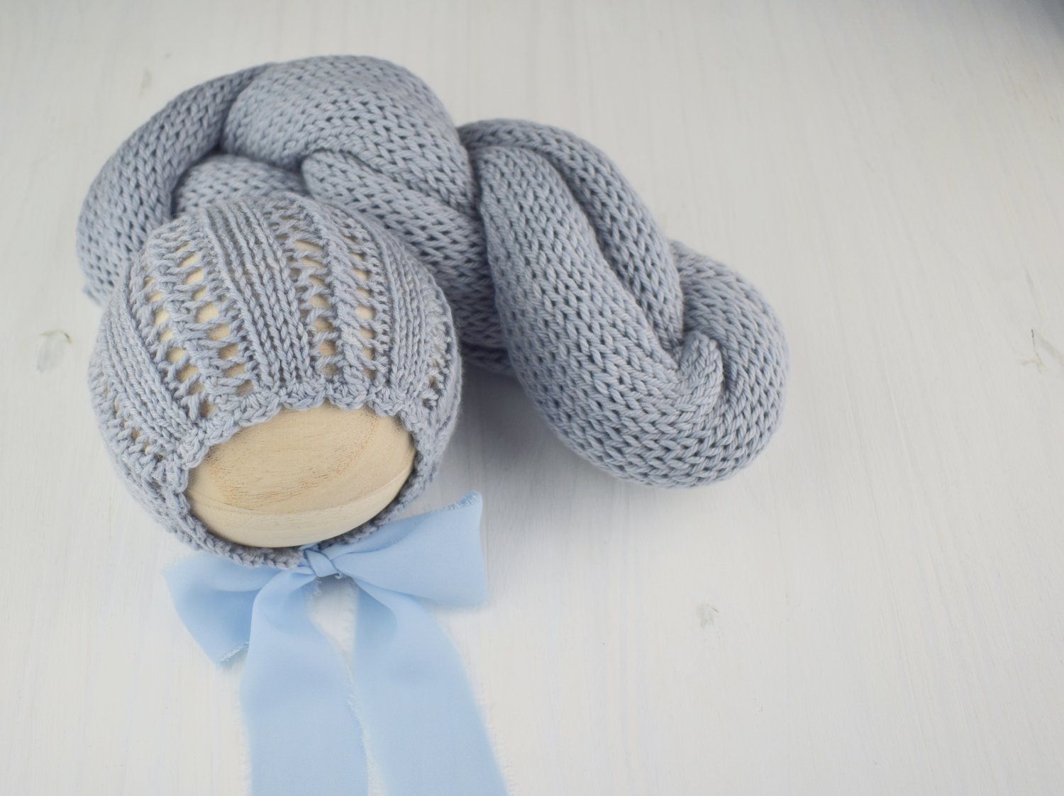 Image of Dusty Blue Lacy Knit Bonnet & Wrap