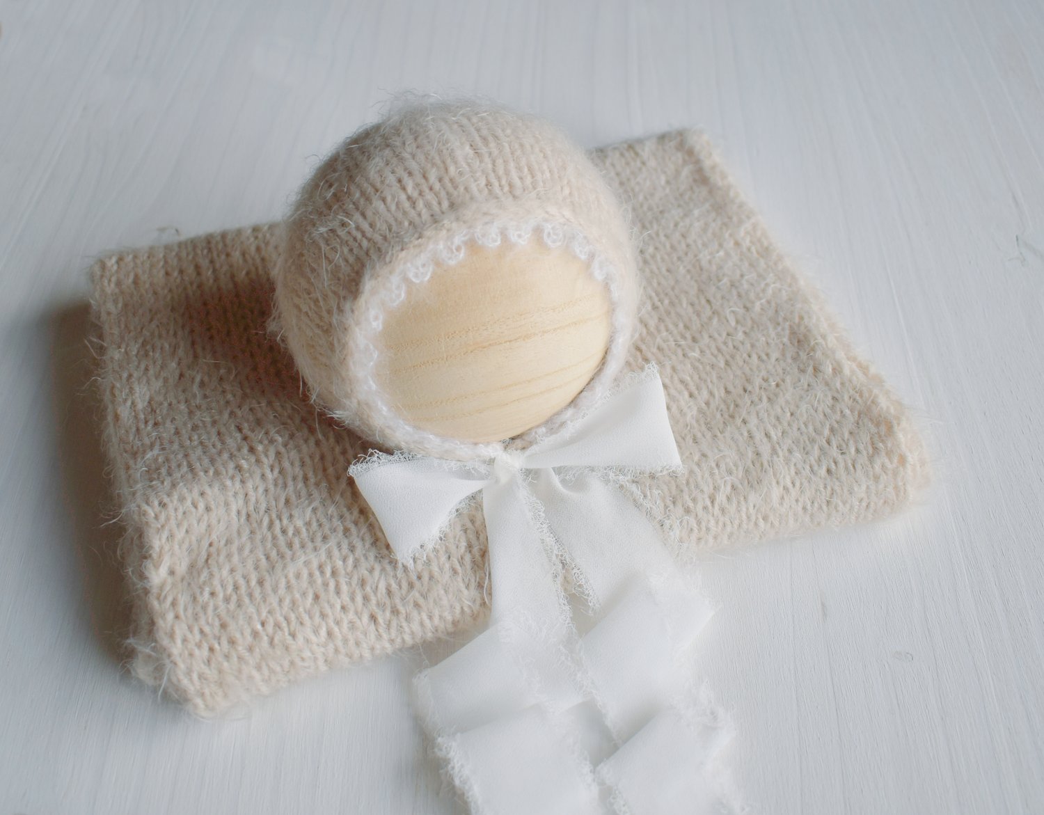 Image of Khaki Fuzzy Picot Trimmed Bonnet & Wrap