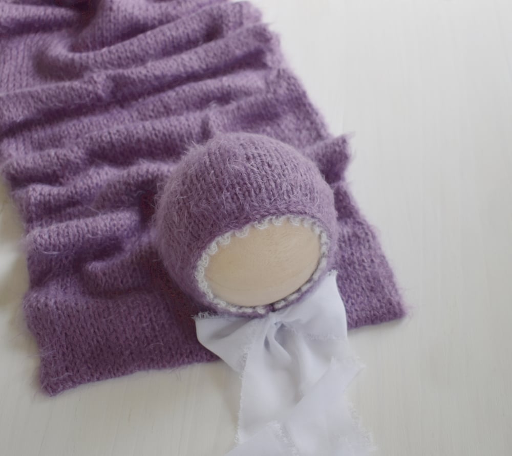 Image of Purple Fuzzy Picot Trimmed Bonnet & Wrap