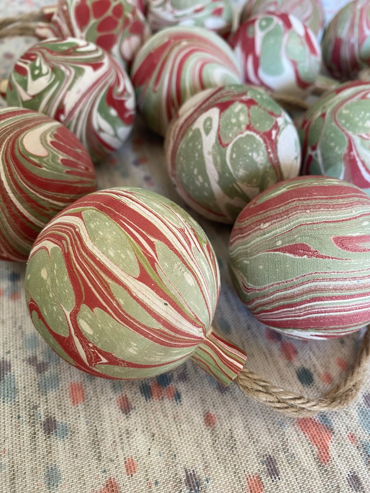 Image of Limited Quantity - 'Red, Green & White' hand marbled wooden baubles
