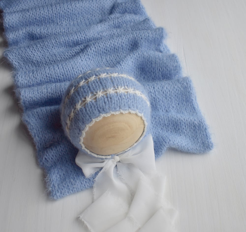 Image of Sky Blue Fuzzy Feminine Knit Bonnet & Wrap