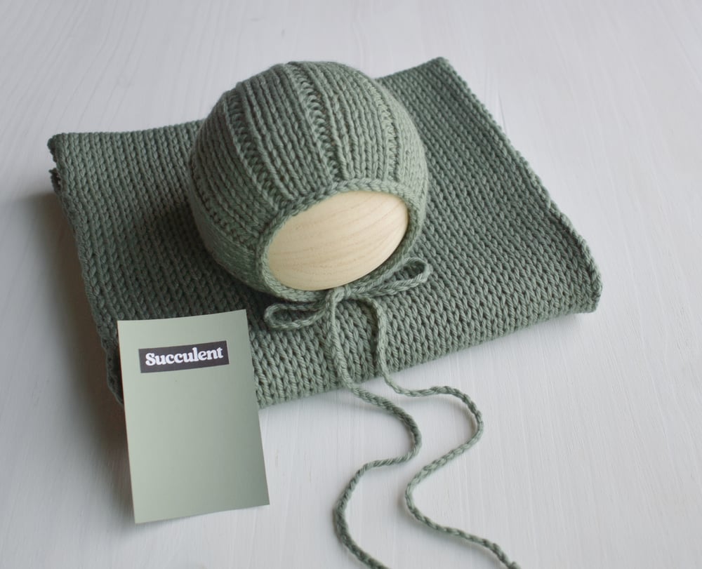 Image of Sage Knit Ribbed Bonnet & Wrap