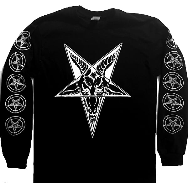 Image of Baphomet Goat Head - Long Sleeve T-shirt with Pentagram Sleeve Print