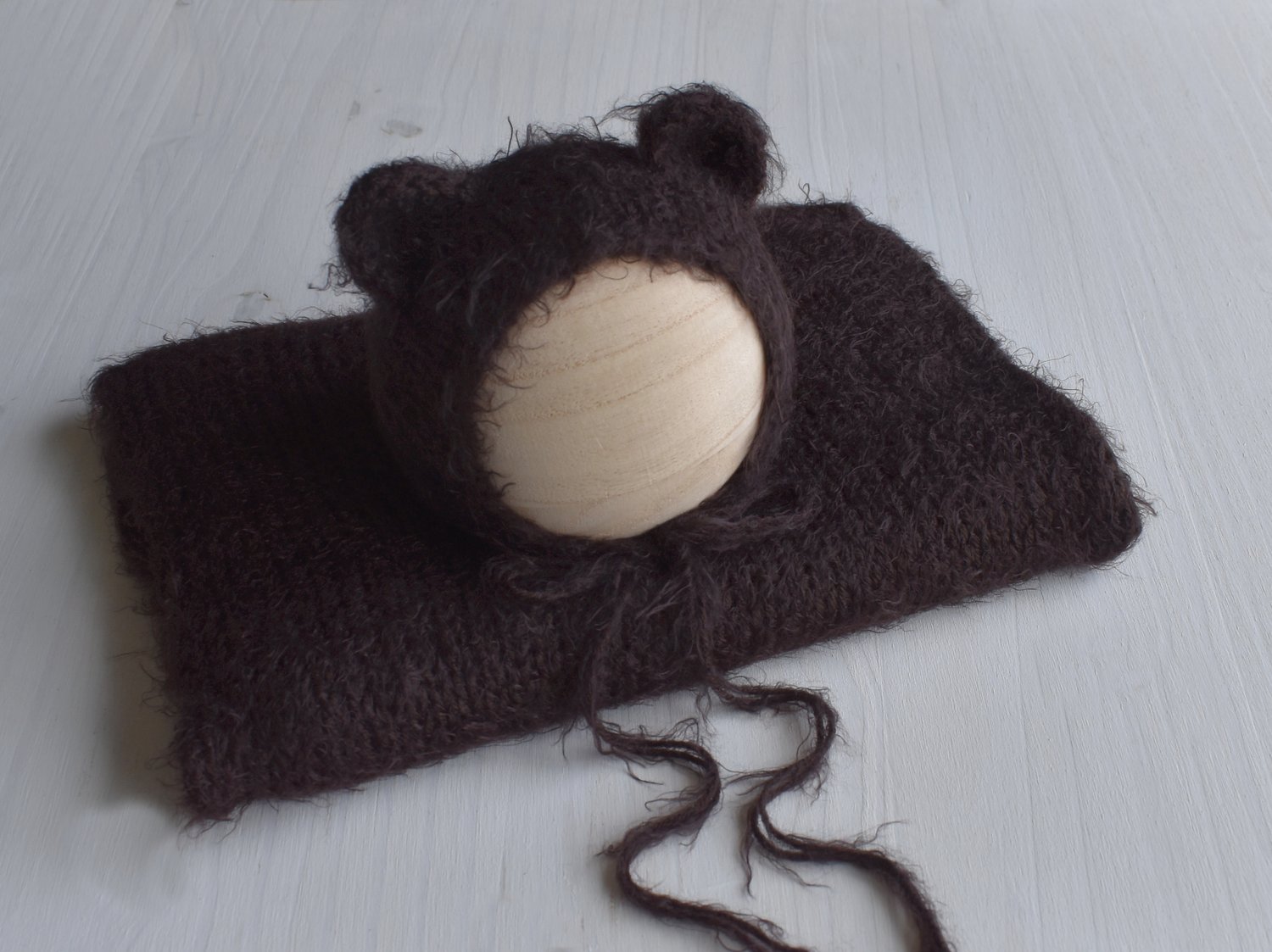 Image of Chocolate Brown Fuzzy Knit Bonnet and Wrap
