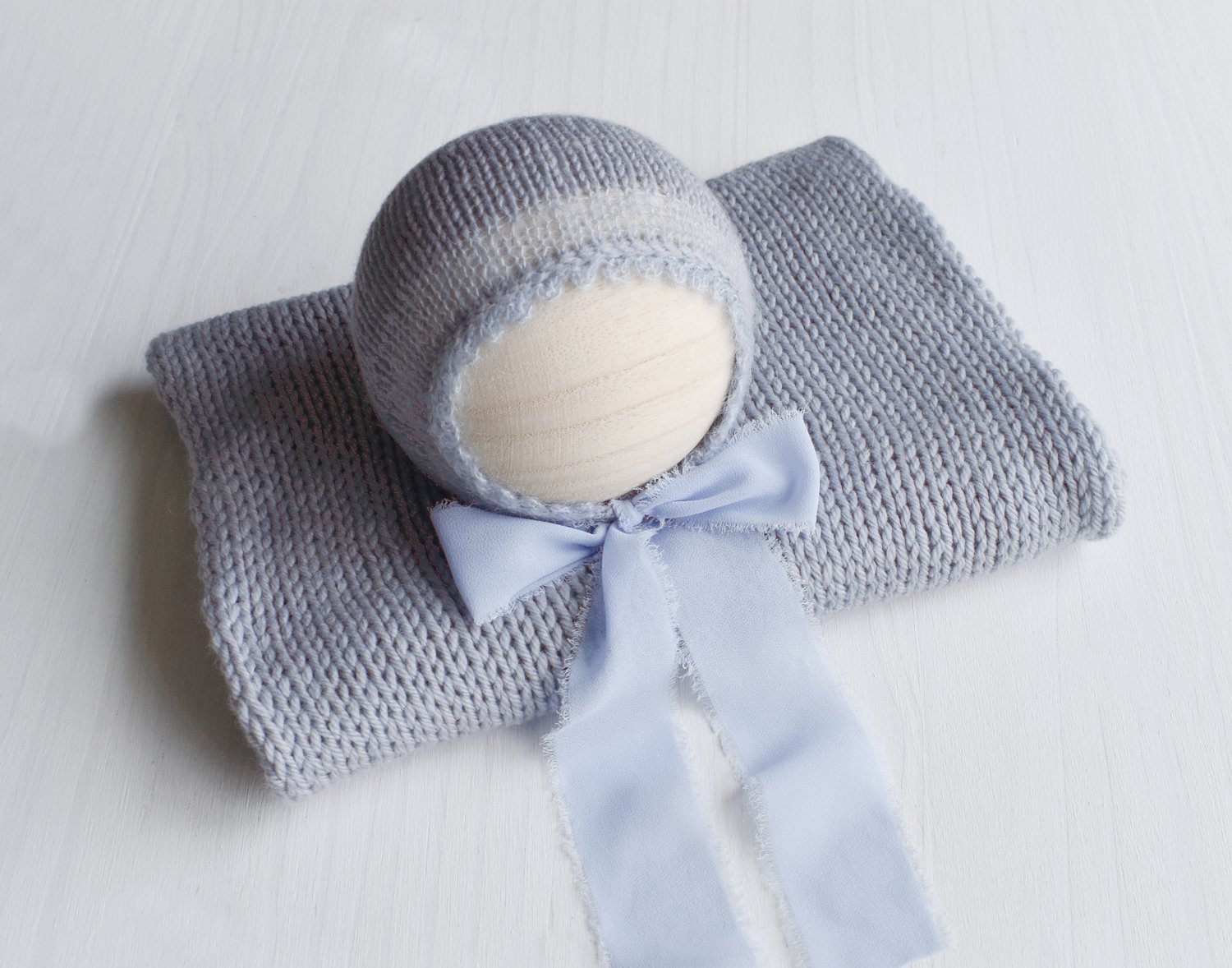 Image of Dusty Blue Newborn Bonnet with Mohair Accents