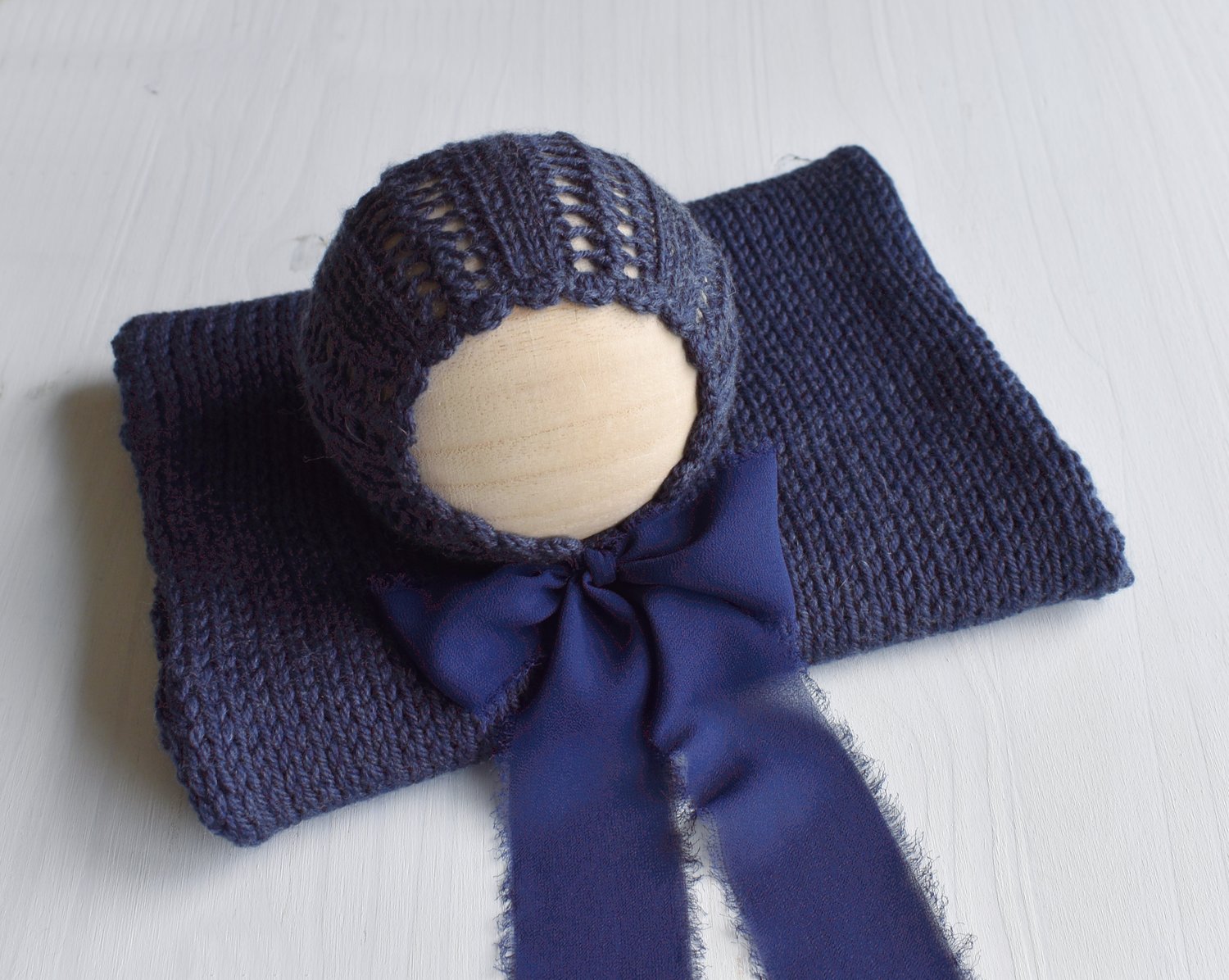 Image of Navy Blue Lacy Knit Bonnet & Wrap