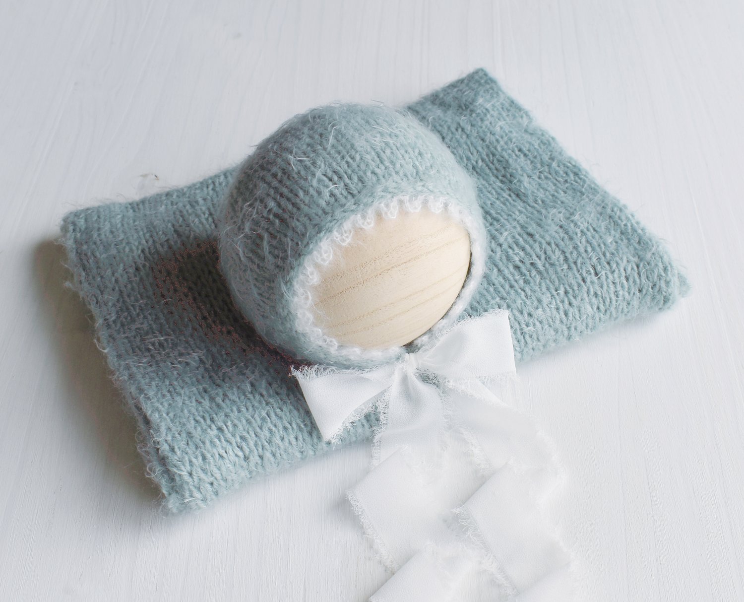 Image of Seafoam Fuzzy Picot Trimmed Bonnet & Wrap