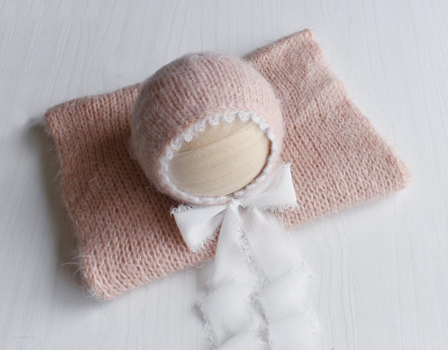 Image of Dusty Pink Fuzzy Picot Trimmed Bonnet & Wrap