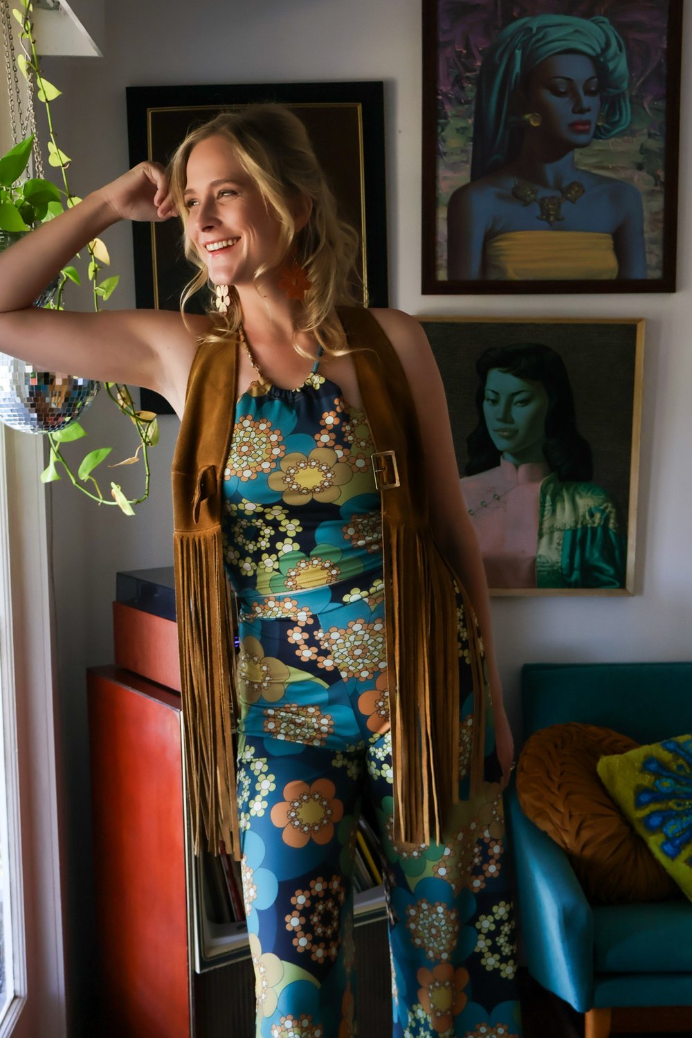 High times halter and Boogie flares set in Get groovy green