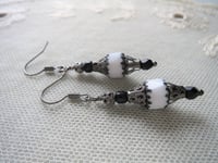 Image 3 of Gothic Filigree Black & White Czech Glass Earrings, Pierced or Clip On 