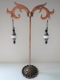 Image 5 of Gothic Filigree Black & White Czech Glass Earrings, Pierced or Clip On 
