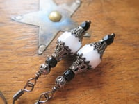 Image 4 of Gothic Filigree Black & White Czech Glass Earrings, Pierced or Clip On 