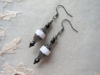 Image 1 of Gothic Filigree Black & White Czech Glass Earrings, Pierced or Clip On 