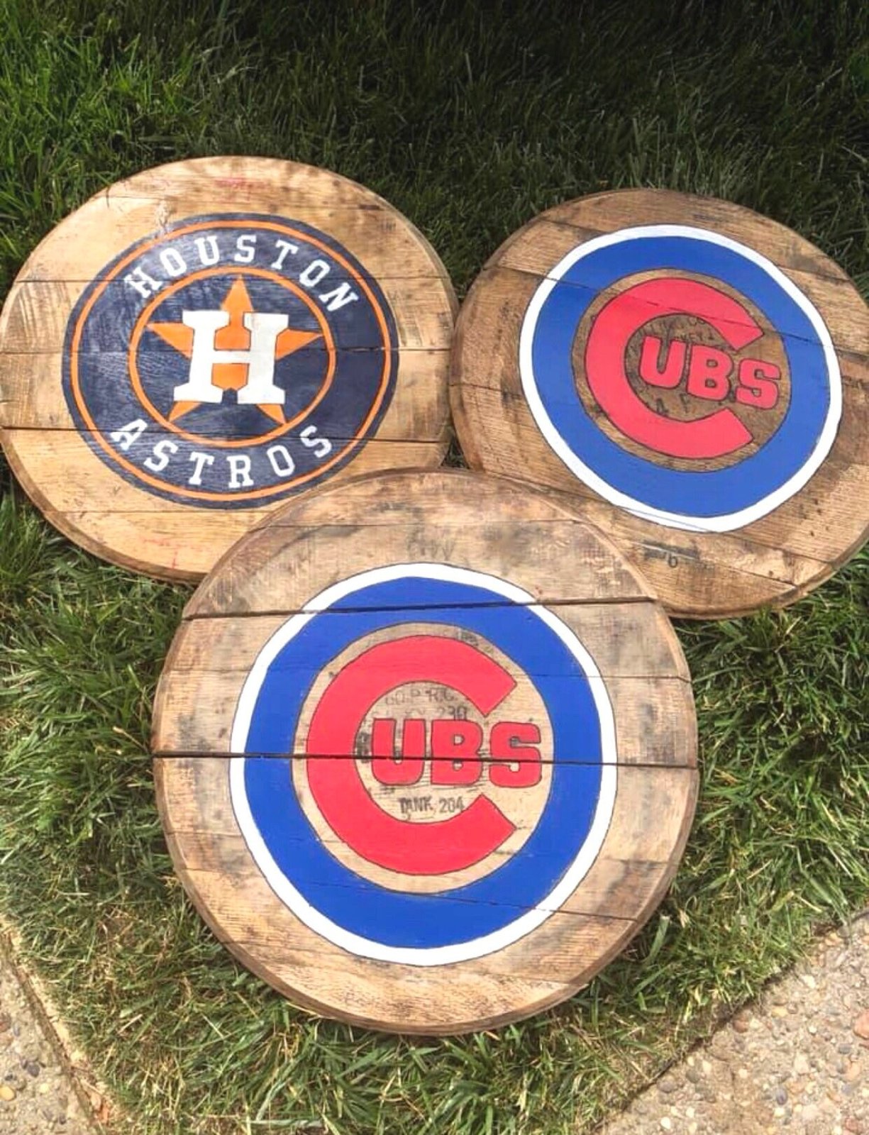 College Football Reclaimed Once used Bourbon Barrel Heads Footballs 21” Wide x 1.5” Thick! online (These are all PAINTED ON LOGOS!)