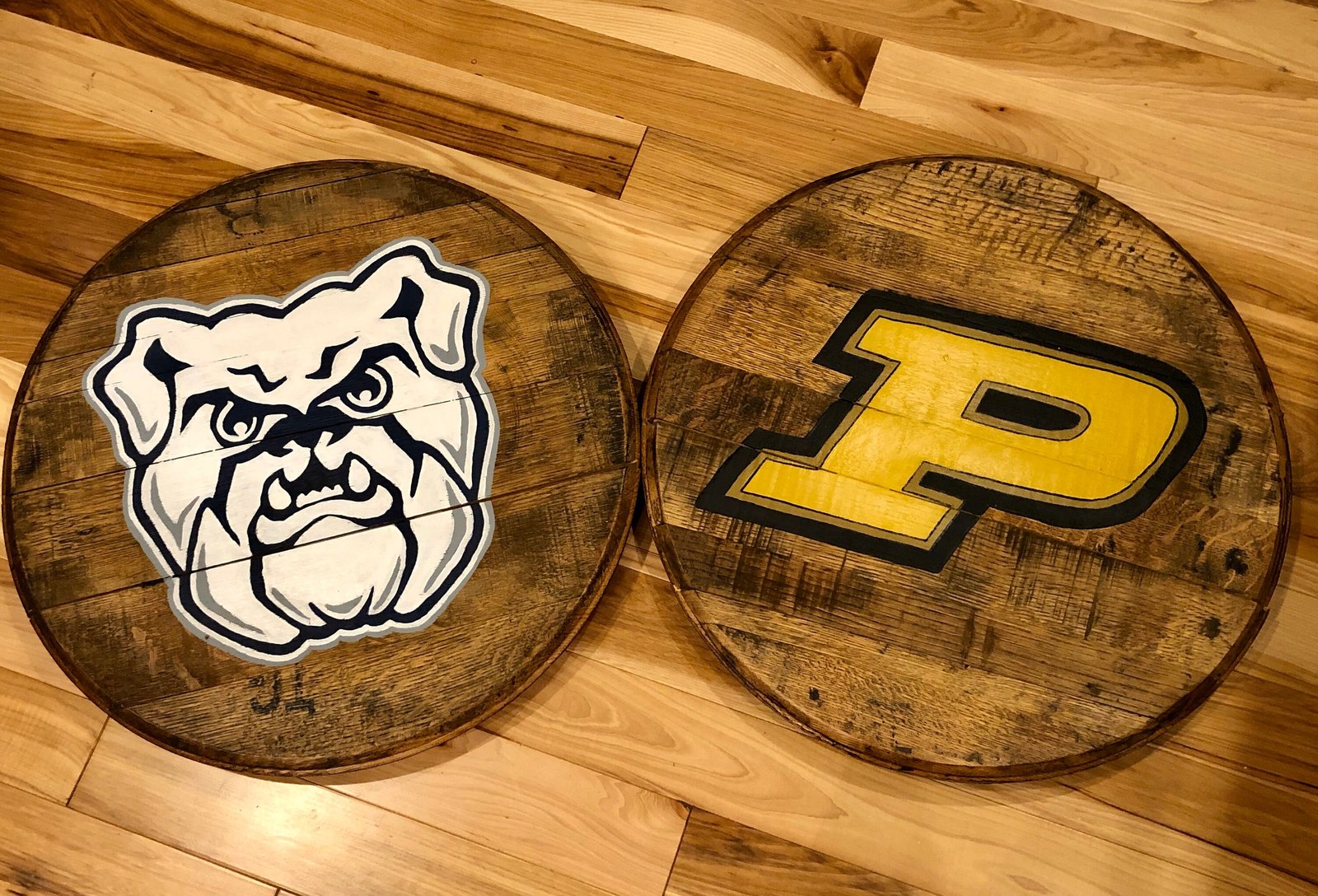 College Football Reclaimed Once used Bourbon Barrel Heads Footballs 21” Wide x 1.5” Thick! (These are all PAINTED ON outlet LOGOS!)