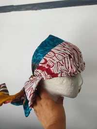 Image 1 of Head wrap with wire- reversible sari fabric-muatard and red stripes 