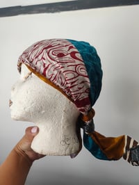 Image 3 of Head wrap with wire- reversible sari fabric-muatard and red stripes 